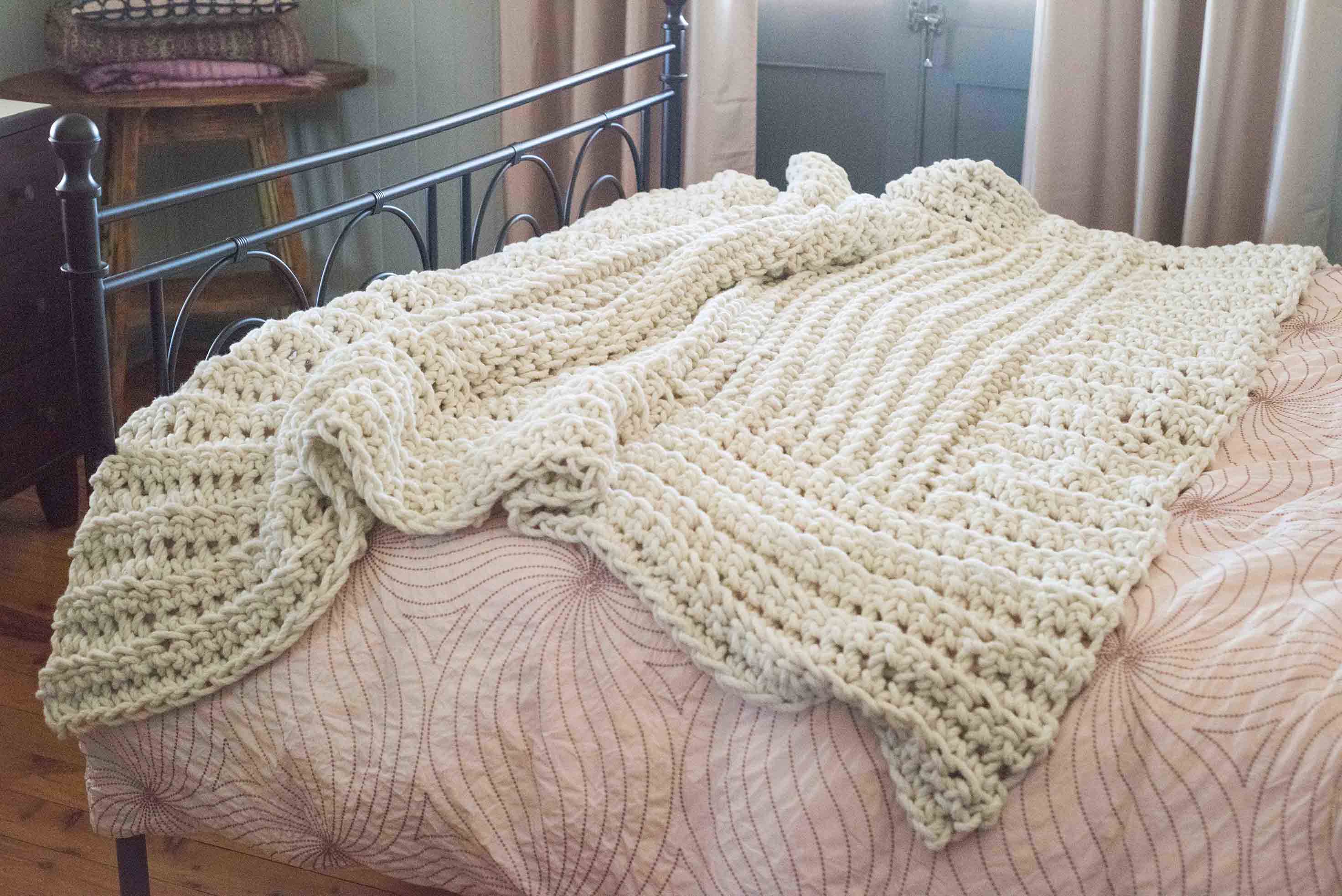 A full view of the Macarla Blanket on a queen sized bed (by Homelea Lass)