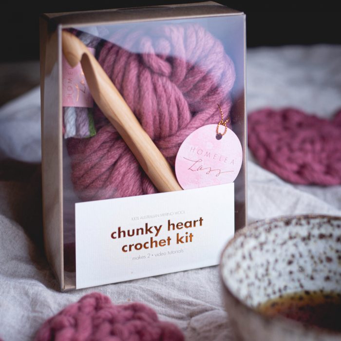 Chunky Heart Crochet Kit - rhubarb pink red - Australian merino wool | Homelea Lass Contemporary Crochet